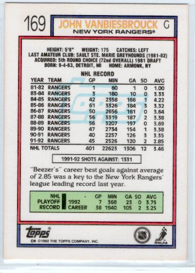 1992-93 Topps #169 John Vanbiesbrouck - zadná strana