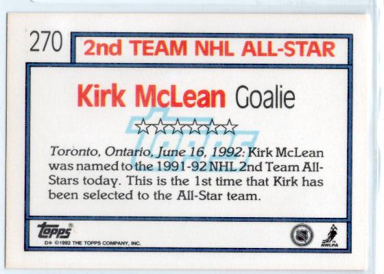 1992-93 Topps #270 Kirk McLean AS - zadná strana