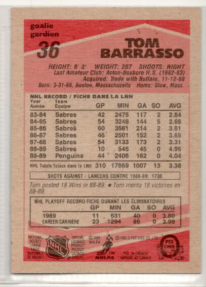 1989-90 O-Pee-Chee #36 Tom Barrasso - zadná strana