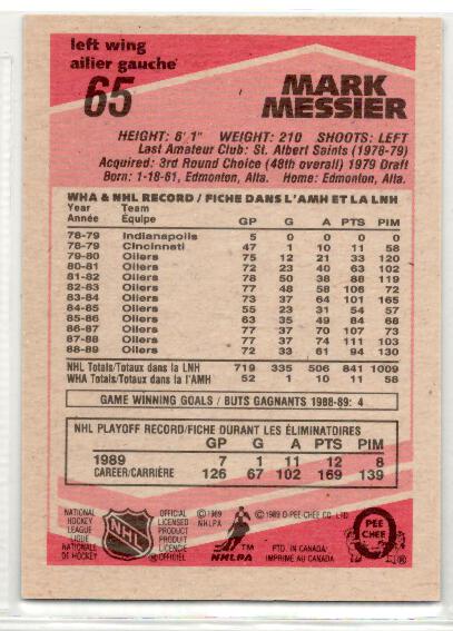 1989-90 O-Pee-Chee #65 Mark Messier - zadná strana