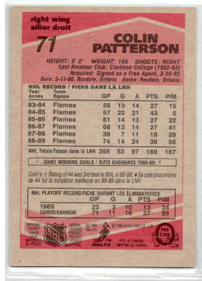 1989-90 O-Pee-Chee #71 Colin Patterson RC - zadná strana