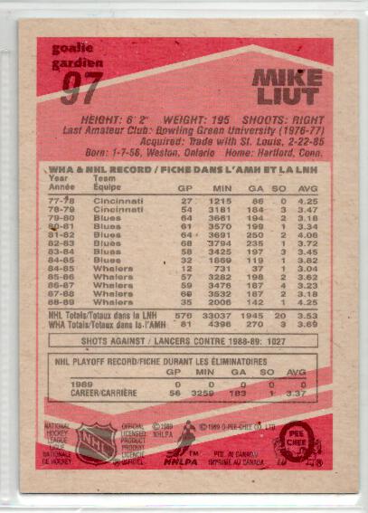 1989-90 O-Pee-Chee #97 Mike Liut - zadná strana