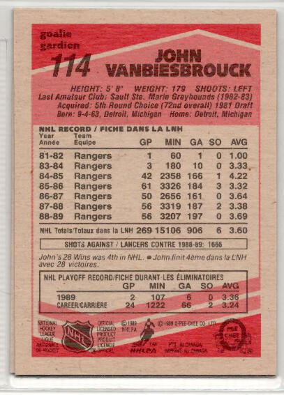 1989-90 O-Pee-Chee #114 John Vanbiesbrouck - zadná strana
