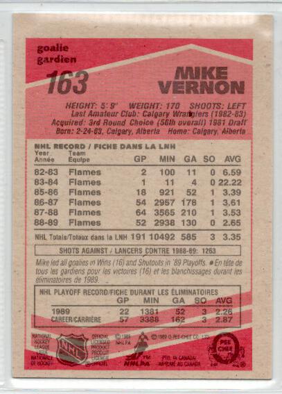 1989-90 O-Pee-Chee #163 Mike Vernon - zadná strana