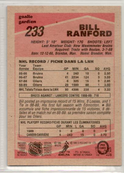 1989-90 O-Pee-Chee #233 Bill Ranford - zadná strana