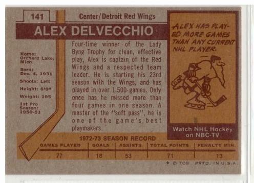 1973-74 Topps #141 Alex Delvecchio - zadná strana