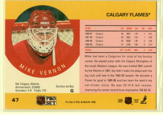 1990-91 Pro Set #47 Mike Vernon - zadná strana