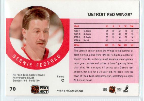 1990-91 Pro Set #70 Bernie Federko - zadná strana