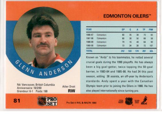 1990-91 Pro Set #81 Glenn Anderson - zadná strana