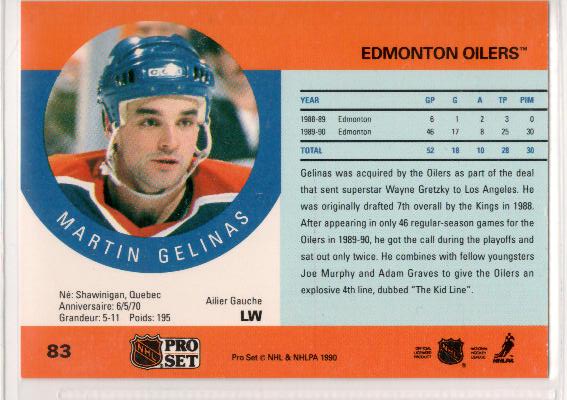 1990-91 Pro Set #83 Martin Gelinas RC - zadná strana