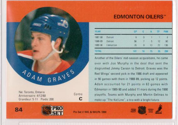 1990-91 Pro Set #84 Adam Graves RC - zadná strana