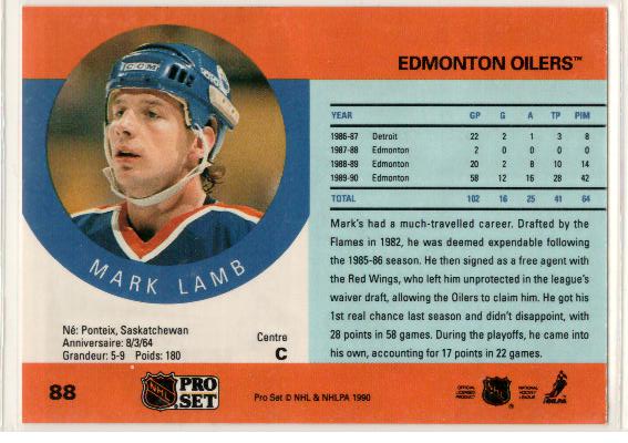 1990-91 Pro Set #88 Mark Lamb - zadná strana