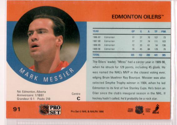 1990-91 Pro Set #91 Mark Messier - zadná strana