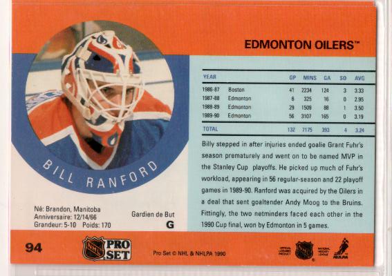 1990-91 Pro Set #94 Bill Ranford - zadná strana
