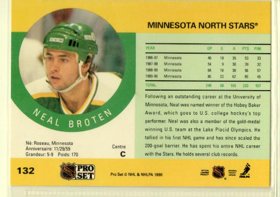 1990-91 Pro Set #132 Neal Broten - zadná strana