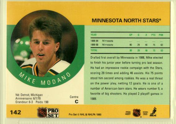 1990-91 Pro Set #142 Mike Modano RC - zadná strana