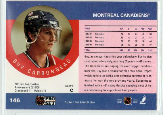 1990-91 Pro Set #146 Guy Carbonneau - zadná strana