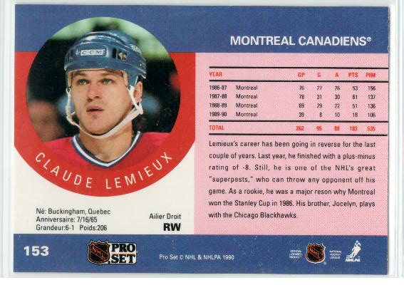 1990-91 Pro Set #153 Claude Lemieux - zadná strana