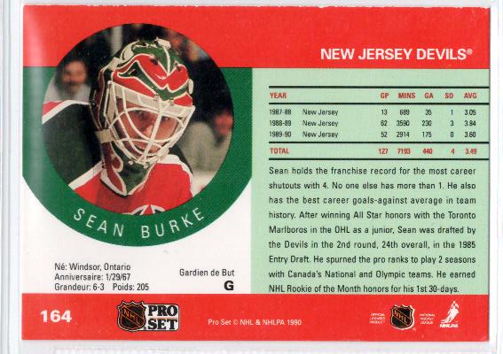 1990-91 Pro Set #164 Sean Burke - zadná strana