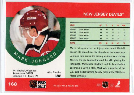 1990-91 Pro Set #168 Mark Johnson - zadná strana