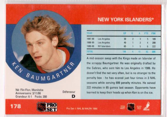 1990-91 Pro Set #178 Ken Baumgartner RC - zadná strana