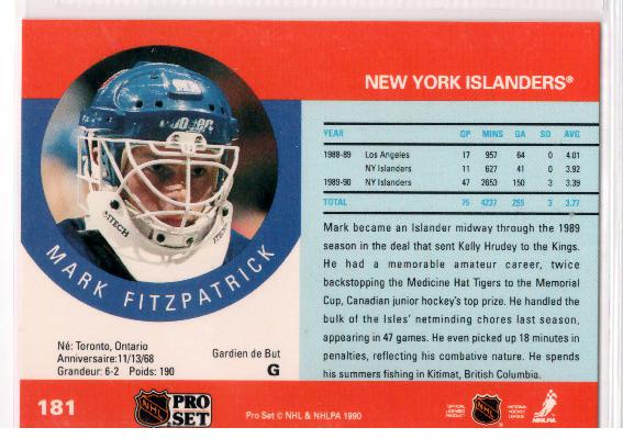 1990-91 Pro Set #181 Mark Fitzpatrick RC - zadná strana