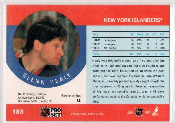 1990-91 Pro Set #183 Glenn Healy RC - zadná strana