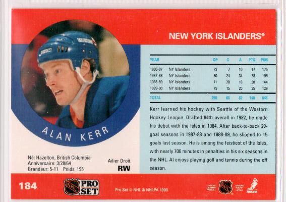 1990-91 Pro Set #184 Alan Kerr - zadná strana