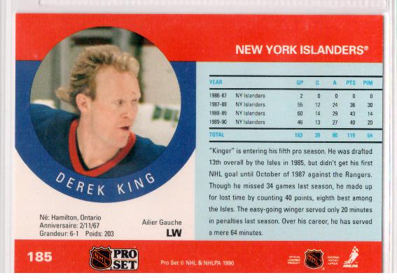 1990-91 Pro Set #185 Derek King - zadná strana