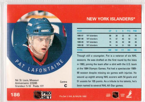 1990-91 Pro Set #186 Pat LaFontaine - zadná strana
