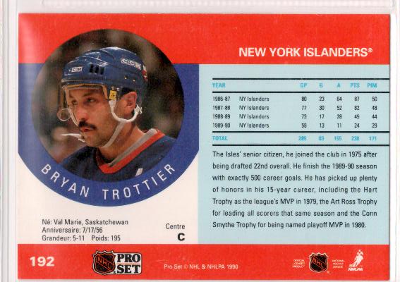 1990-91 Pro Set #192 Bryan Trottier - zadná strana