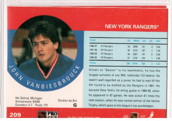 1990-91 Pro Set #209 John Vanbiesbrouck - zadná strana