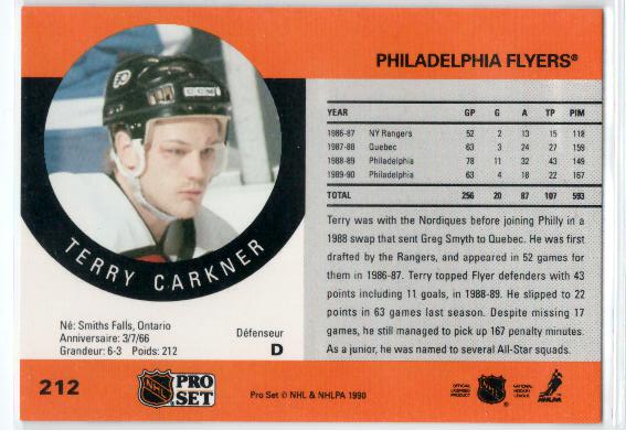 1990-91 Pro Set #212 Terry Carkner - zadná strana