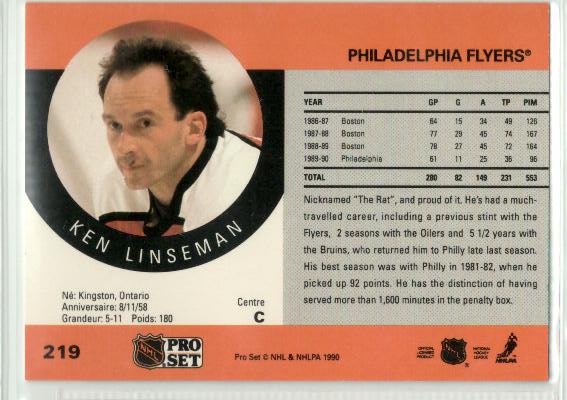 1990-91 Pro Set #219 Ken Linseman - zadná strana