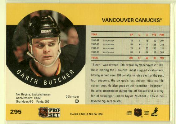 1990-91 Pro Set #295 Garth Butcher - zadná strana