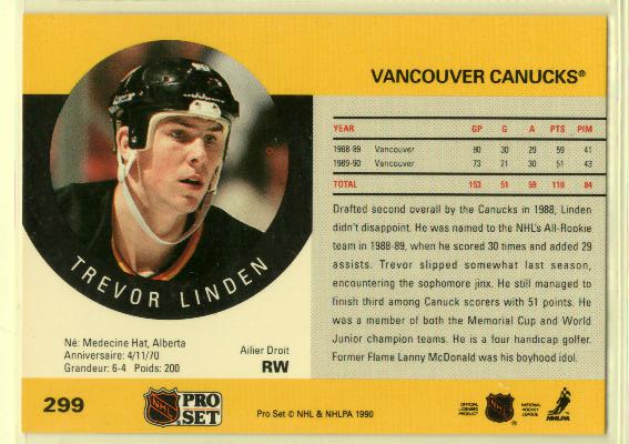 1990-91 Pro Set #299 Trevor Linden - zadná strana