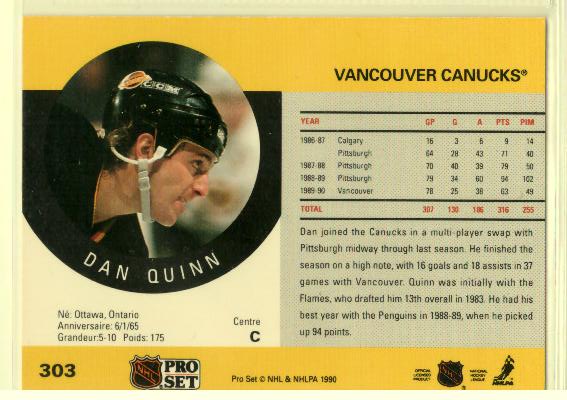 1990-91 Pro Set #303 Dan Quinn - zadná strana