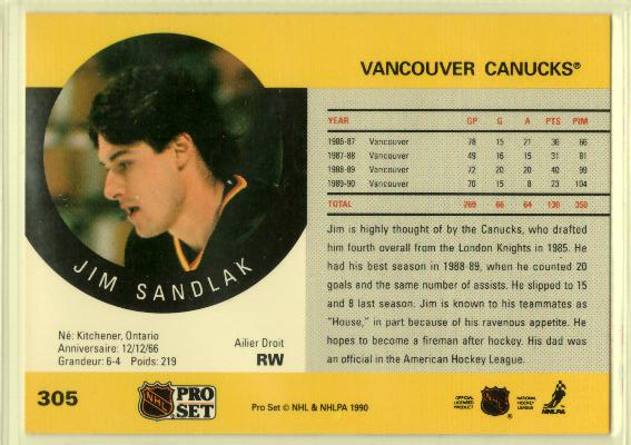1990-91 Pro Set #305 Jim Sandlak - zadná strana