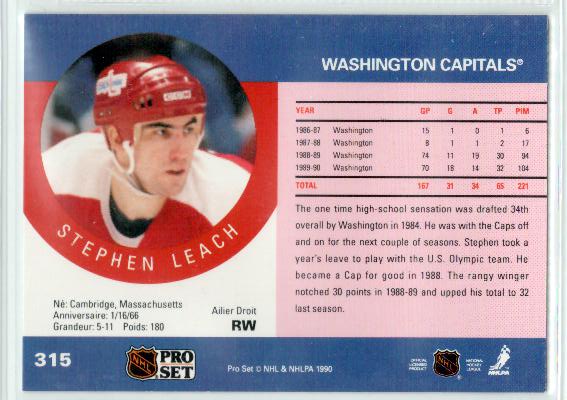1990-91 Pro Set #315 Stephen Leach - zadná strana