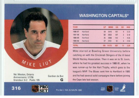 1990-91 Pro Set #316 Mike Liut - zadná strana