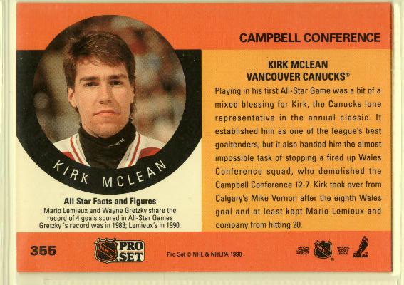 1990-91 Pro Set #355 Kirk McLean AS - zadná strana