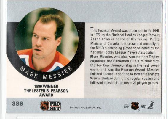 1990-91 Pro Set #386 Mark Messier Pearson - zadná strana