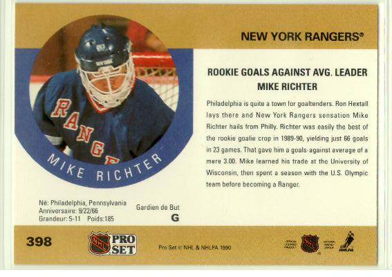 1990-91 Pro Set #398 Mike Richter RLL - zadná strana