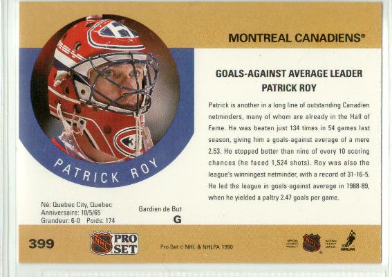 1990-91 Pro Set #399 Patrick Roy LL - zadná strana