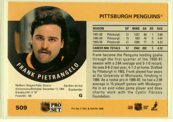 1990-91 Pro Set #509 Frank Pietrangelo RC - zadná strana