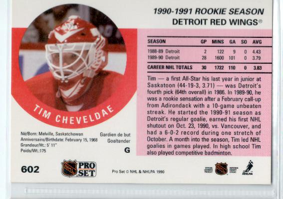 1990-91 Pro Set #602 Tim Cheveldae RC - zadná strana