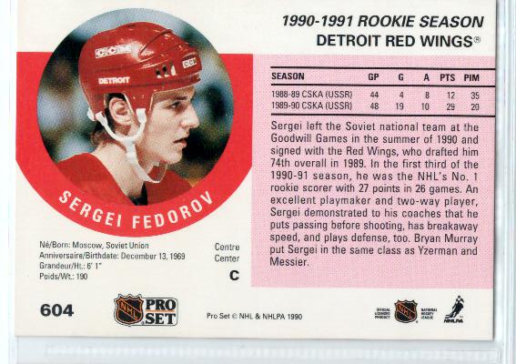 1990-91 Pro Set #604 Sergei Fedorov RC - zadná strana