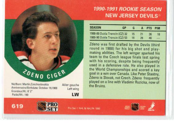 1990-91 Pro Set #619 Zdeno Ciger - zadná strana