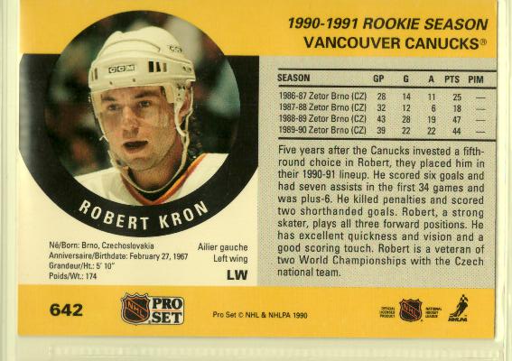 1990-91 Pro Set #642 Robert Kron RC - zadná strana