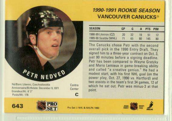 1990-91 Pro Set #643 Petr Nedved - zadná strana